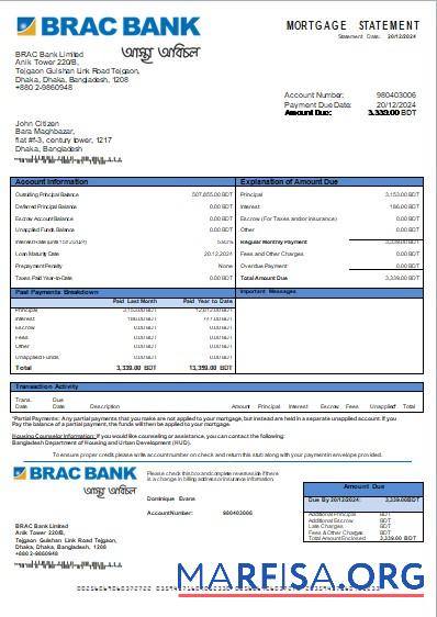 Downloadable Bangladesh BRAC Bank bank mortgage statement scr real example